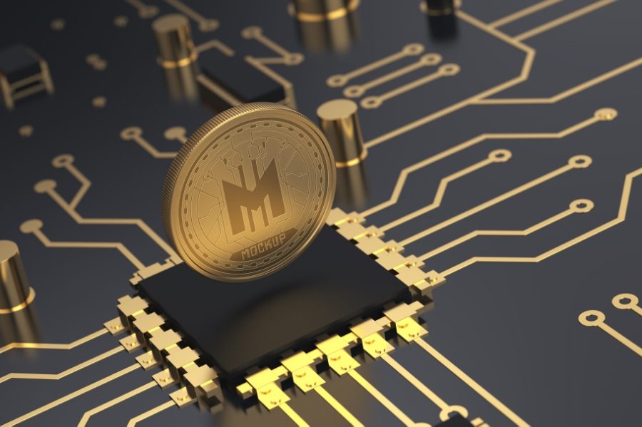 有點像比特幣一樣的ps樣機場景，可用于紀(jì)念硬幣上的logo展示樣機素材