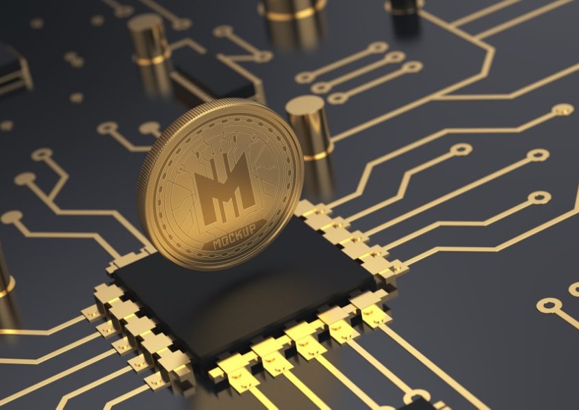 有點(diǎn)像比特幣一樣的ps樣機(jī)場(chǎng)景，可用于紀(jì)念硬幣上的logo展示樣機(jī)素材